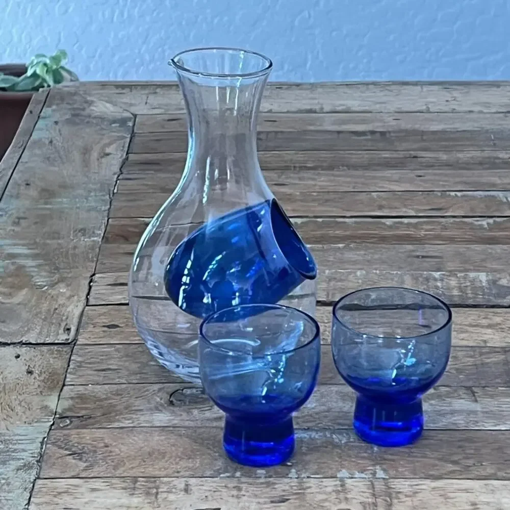 Tokyo Sasaki Glass Cold Sake Set Carafe Cobalt Blue Japanese Mid Century MCM
